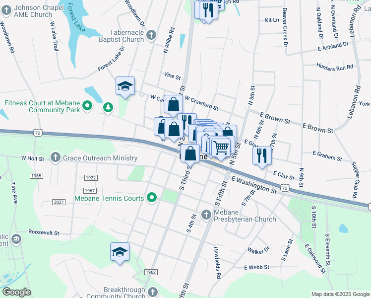 map of restaurants, bars, coffee shops, grocery stores, and more near 206 West Center Street in Mebane