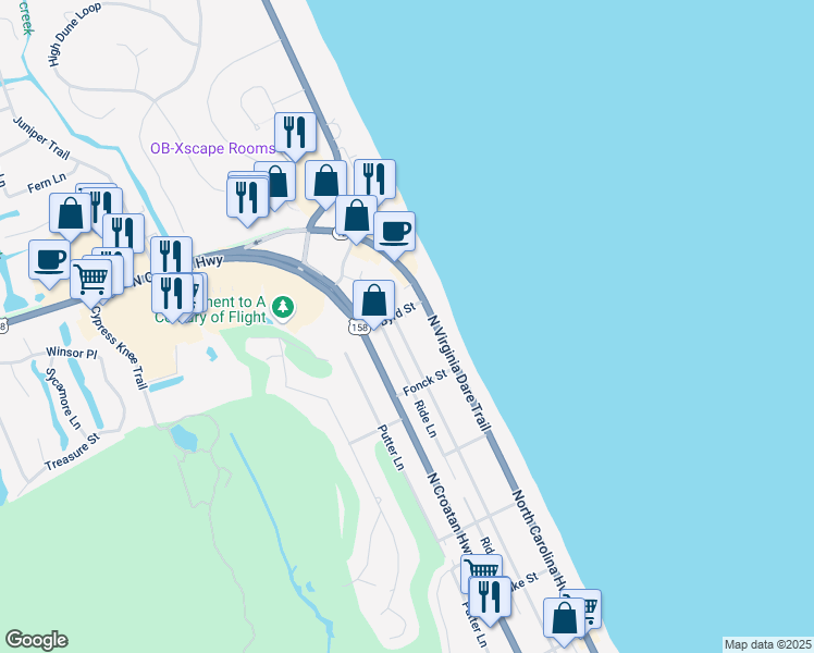 map of restaurants, bars, coffee shops, grocery stores, and more near 5125 Lindbergh Avenue in Kitty Hawk