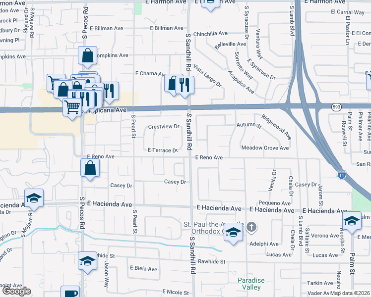 map of restaurants, bars, coffee shops, grocery stores, and more near 5048 Ridgeview Drive in Las Vegas