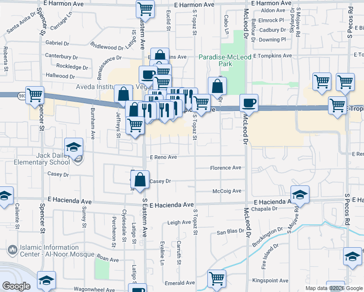 map of restaurants, bars, coffee shops, grocery stores, and more near 2504 Paradise Village Way in Las Vegas
