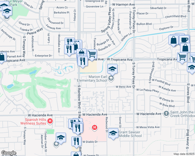 map of restaurants, bars, coffee shops, grocery stores, and more near 5018 South Rainbow Boulevard in Las Vegas