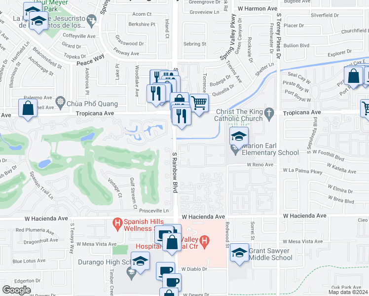 map of restaurants, bars, coffee shops, grocery stores, and more near 5004 South Rainbow Boulevard in Las Vegas