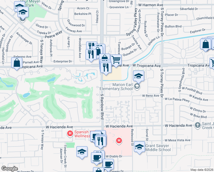 map of restaurants, bars, coffee shops, grocery stores, and more near 5004 South Rainbow Boulevard in Las Vegas