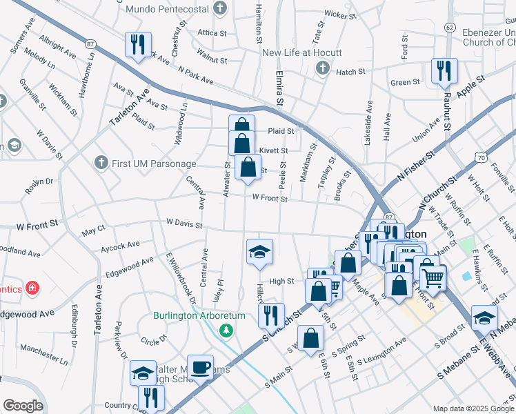 map of restaurants, bars, coffee shops, grocery stores, and more near 718 West Front Street in Burlington
