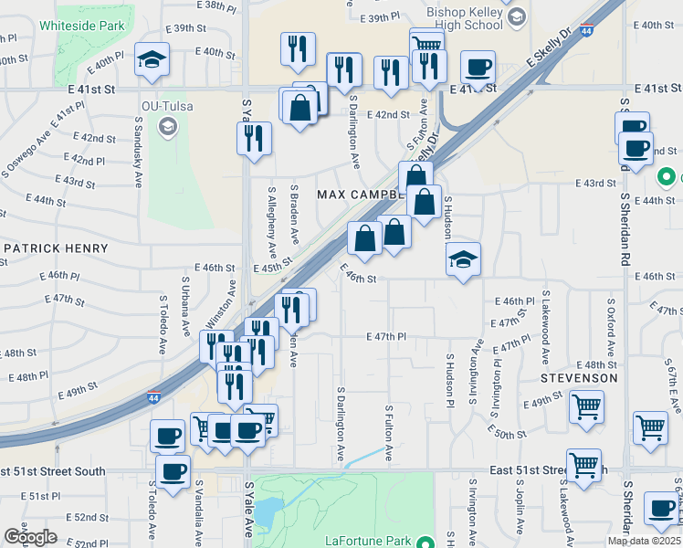 map of restaurants, bars, coffee shops, grocery stores, and more near 5301 E 46th St in Tulsa