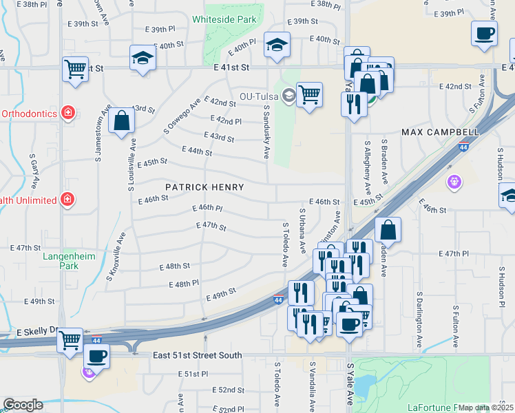 map of restaurants, bars, coffee shops, grocery stores, and more near 4182 East 46th Street in Tulsa