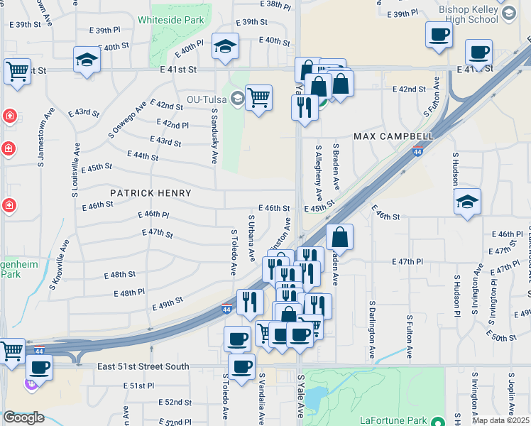 map of restaurants, bars, coffee shops, grocery stores, and more near 4610 South Vandalia Avenue in Tulsa