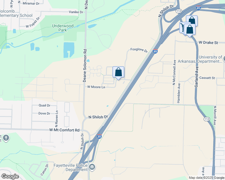 map of restaurants, bars, coffee shops, grocery stores, and more near 2501 North Shiloh Drive in Fayetteville