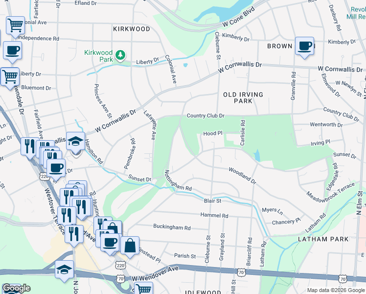 map of restaurants, bars, coffee shops, grocery stores, and more near 809 Woodland Drive in Greensboro