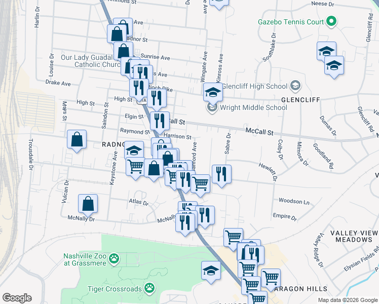 map of restaurants, bars, coffee shops, grocery stores, and more near 3509 Sanford Avenue in Nashville