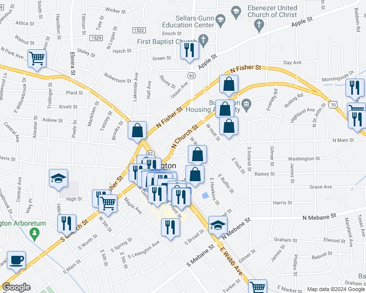 map of restaurants, bars, coffee shops, grocery stores, and more near 267 West Trade Street in Burlington