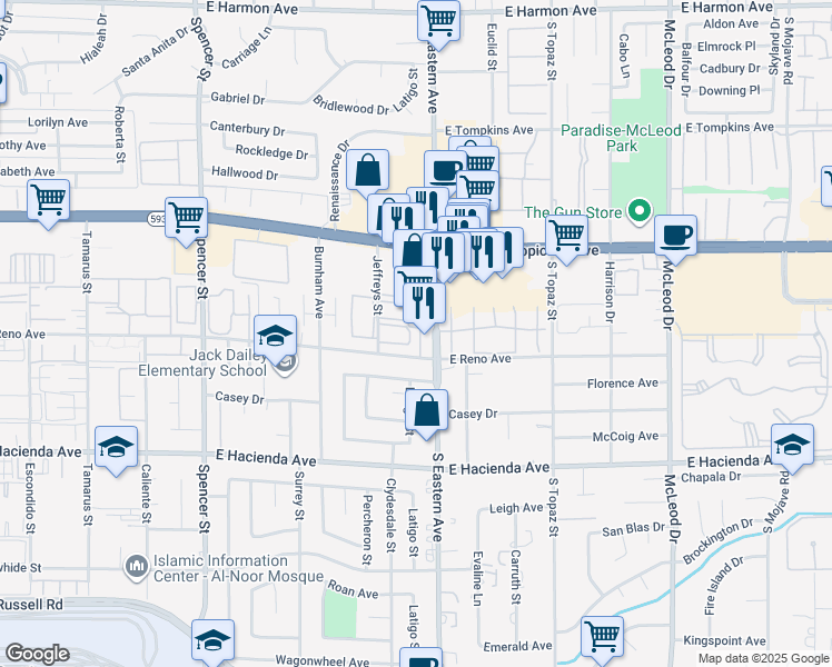 map of restaurants, bars, coffee shops, grocery stores, and more near 5064 Jeffreys Street in Las Vegas