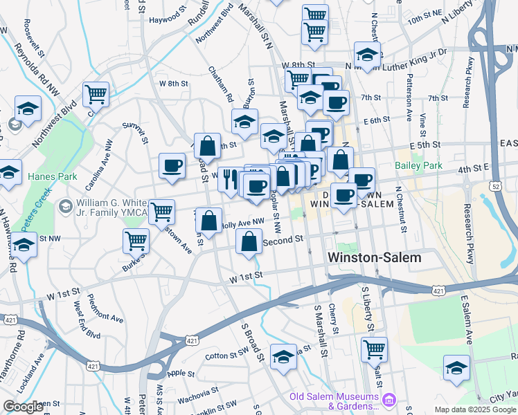 map of restaurants, bars, coffee shops, grocery stores, and more near 614 4th Street Northwest in Winston-Salem