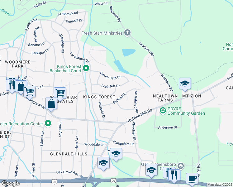 map of restaurants, bars, coffee shops, grocery stores, and more near 4309 Belfield Drive in Greensboro