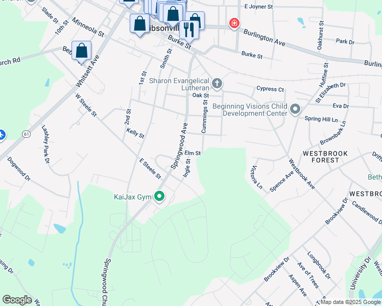 map of restaurants, bars, coffee shops, grocery stores, and more near 319 Elm Street in Gibsonville
