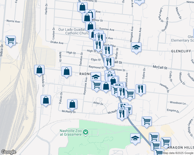 map of restaurants, bars, coffee shops, grocery stores, and more near 411 Veritas Street in Nashville