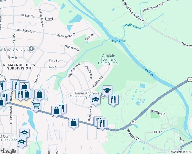 map of restaurants, bars, coffee shops, grocery stores, and more near 2744 Woodbury Court in Burlington