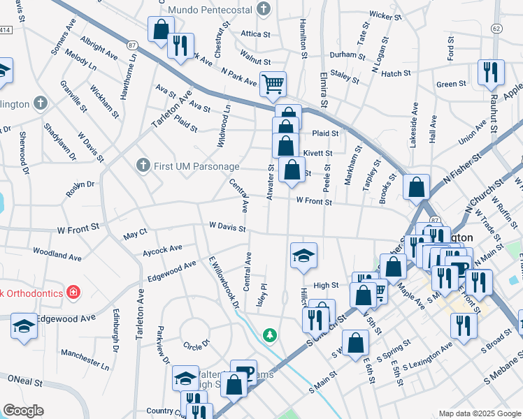 map of restaurants, bars, coffee shops, grocery stores, and more near 819 Central Avenue in Burlington