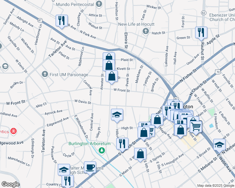 map of restaurants, bars, coffee shops, grocery stores, and more near 718 W Front St in Burlington