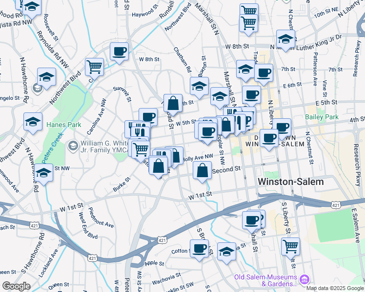 map of restaurants, bars, coffee shops, grocery stores, and more near 328 North Spring Street in Winston-Salem