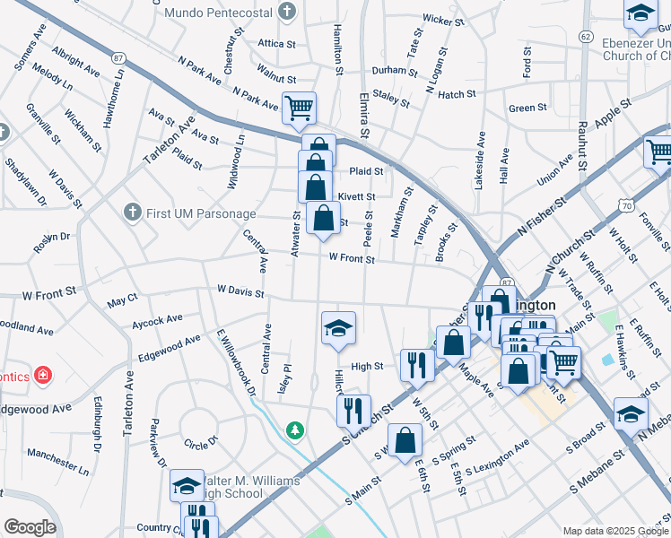 map of restaurants, bars, coffee shops, grocery stores, and more near 720 West Front Street in Burlington