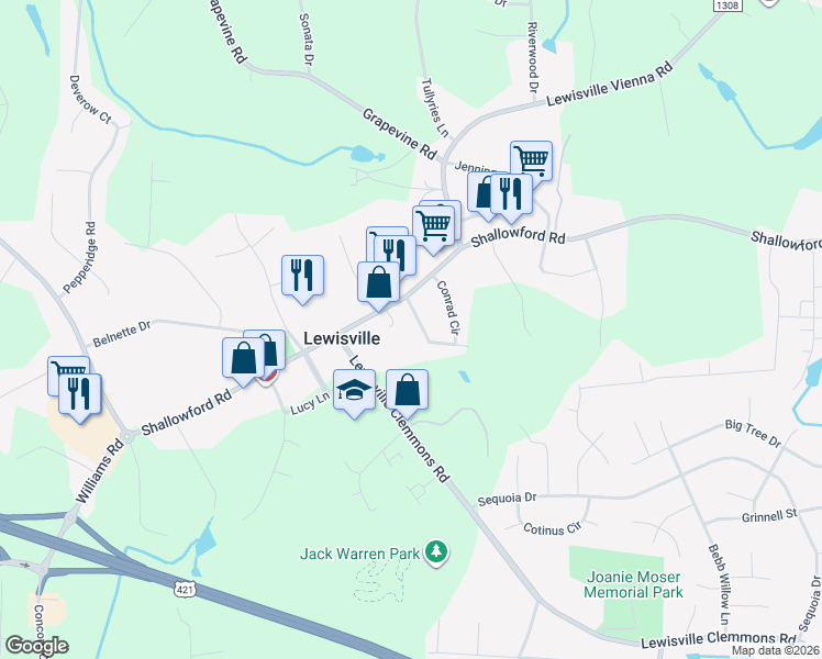 map of restaurants, bars, coffee shops, grocery stores, and more near 250 Conrad Circle in Lewisville