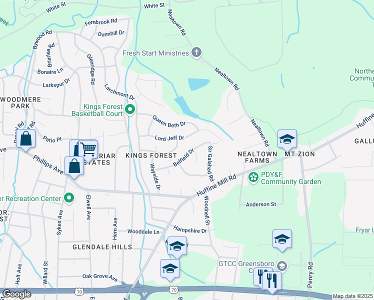 map of restaurants, bars, coffee shops, grocery stores, and more near 4309 Belfield Drive in Greensboro