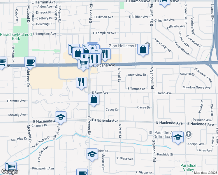 map of restaurants, bars, coffee shops, grocery stores, and more near 3658 Villa Knolls South Drive in Las Vegas