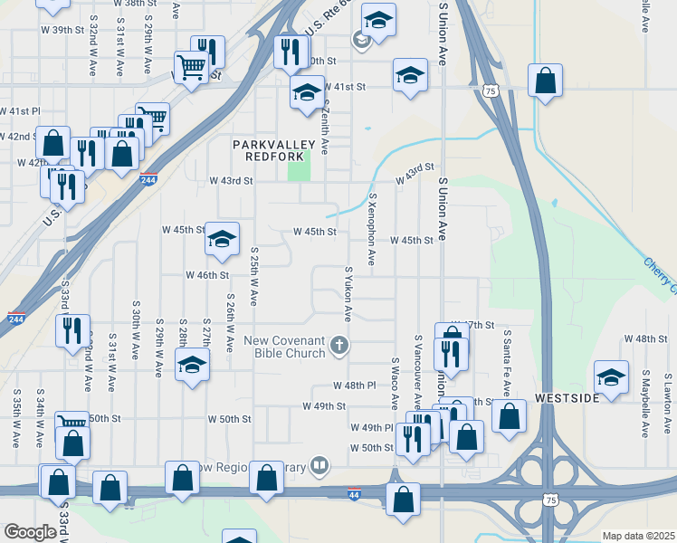 map of restaurants, bars, coffee shops, grocery stores, and more near 2110 West 45th Place in Tulsa