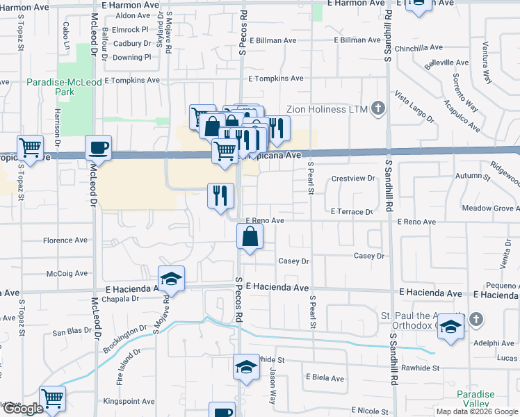 map of restaurants, bars, coffee shops, grocery stores, and more near 3469 Villa Knolls South Drive in Las Vegas