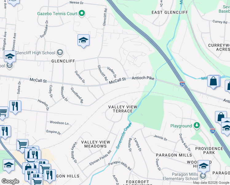 map of restaurants, bars, coffee shops, grocery stores, and more near 3389 Mimosa Drive in Nashville