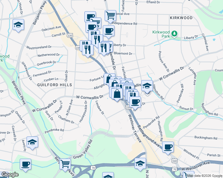 map of restaurants, bars, coffee shops, grocery stores, and more near in Greensboro