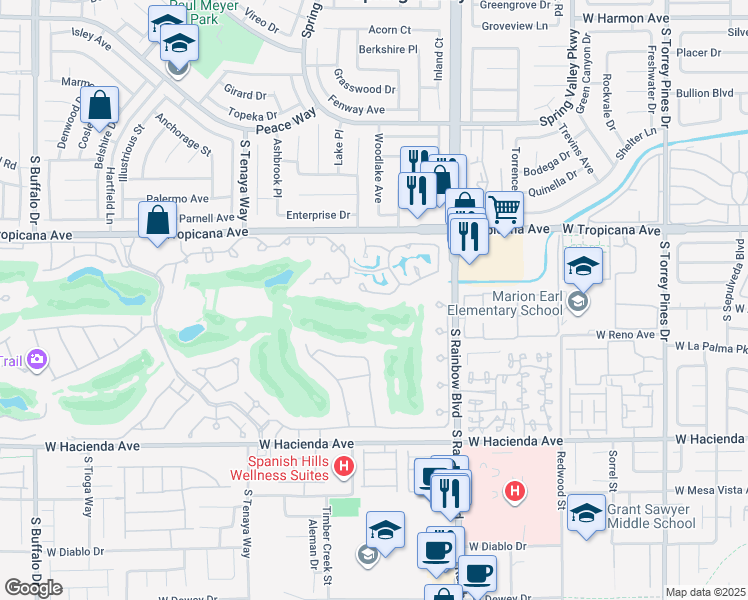 map of restaurants, bars, coffee shops, grocery stores, and more near 7051 Big Springs Court in Las Vegas