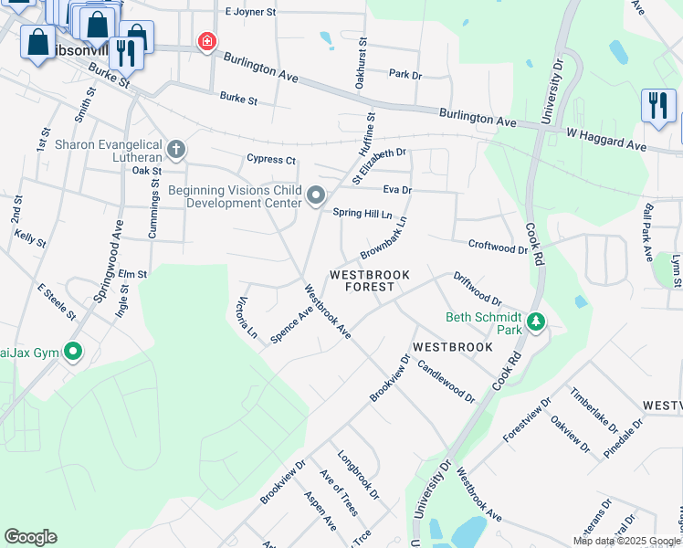 map of restaurants, bars, coffee shops, grocery stores, and more near 505 Brownbark Lane in Gibsonville