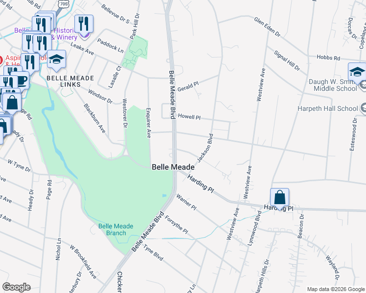 map of restaurants, bars, coffee shops, grocery stores, and more near 4440 Sheppard Place in Nashville