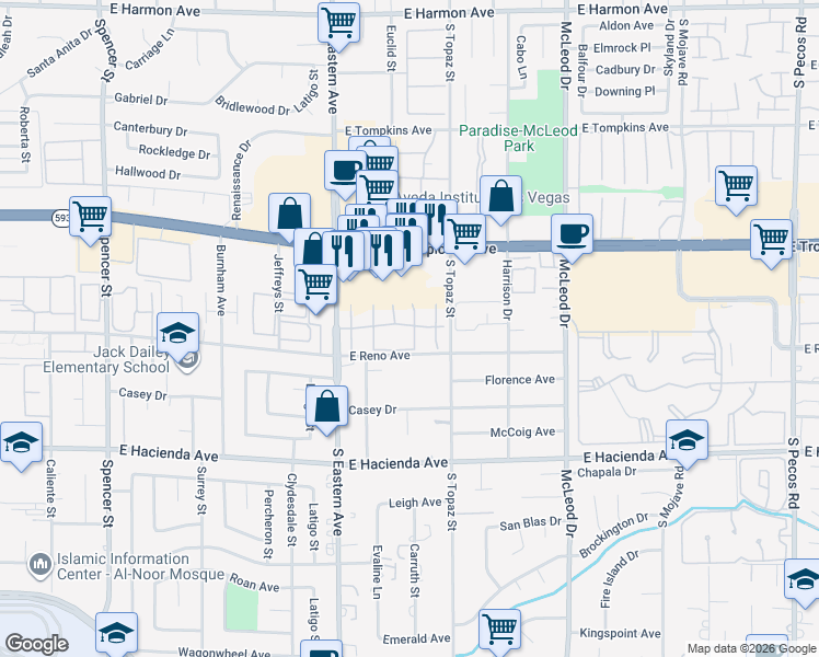map of restaurants, bars, coffee shops, grocery stores, and more near 2504 Paradise Village Way in Las Vegas