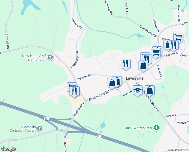 map of restaurants, bars, coffee shops, grocery stores, and more near 250 Belnette Drive in Lewisville