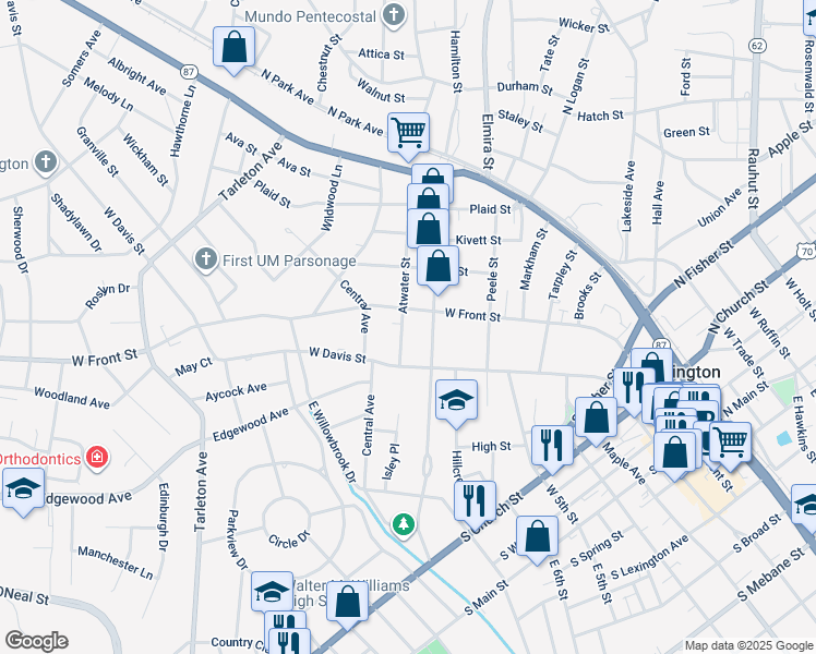 map of restaurants, bars, coffee shops, grocery stores, and more near 610 Atwater Street in Burlington