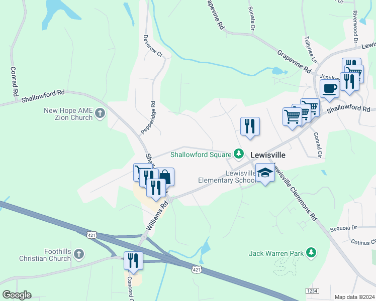 map of restaurants, bars, coffee shops, grocery stores, and more near 250 Belnette Drive in Lewisville