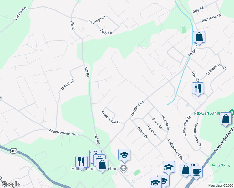 map of restaurants, bars, coffee shops, grocery stores, and more near 7861 Greenscape Drive in Knoxville