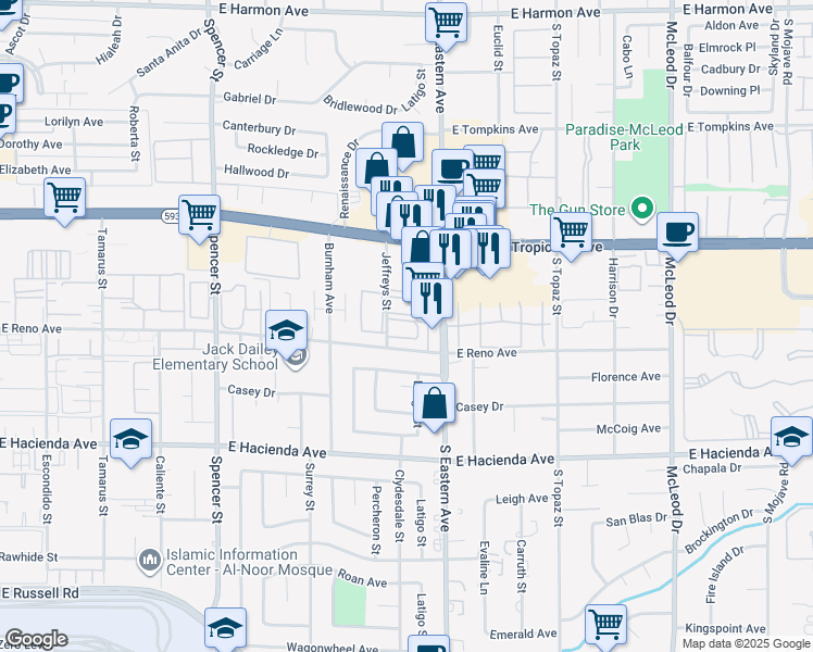 map of restaurants, bars, coffee shops, grocery stores, and more near 5060 Jeffreys Street in Las Vegas