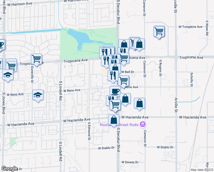 map of restaurants, bars, coffee shops, grocery stores, and more near 5155 West Tropicana Avenue in Las Vegas