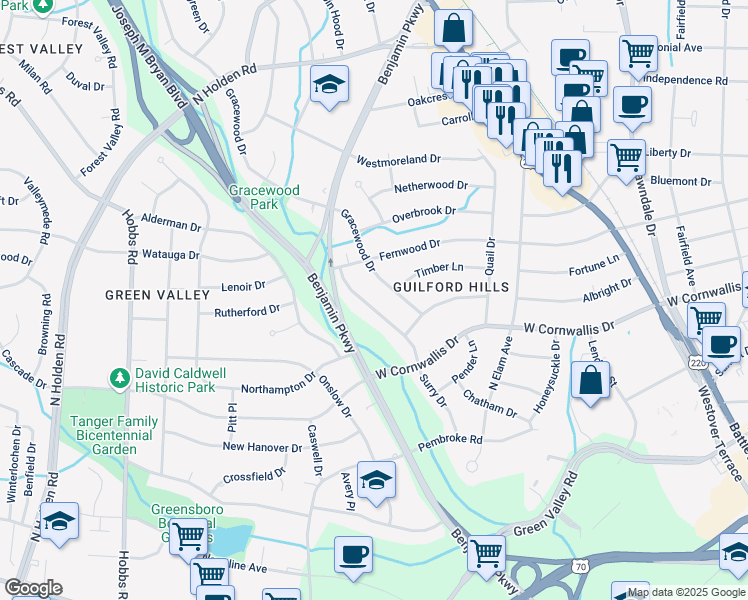 map of restaurants, bars, coffee shops, grocery stores, and more near 1312 Surry Drive in Greensboro