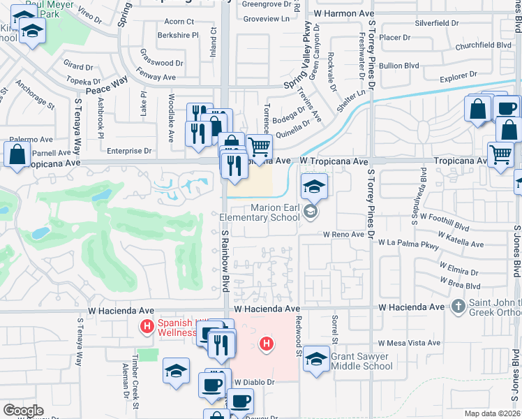 map of restaurants, bars, coffee shops, grocery stores, and more near 5018 South Rainbow Boulevard in Las Vegas