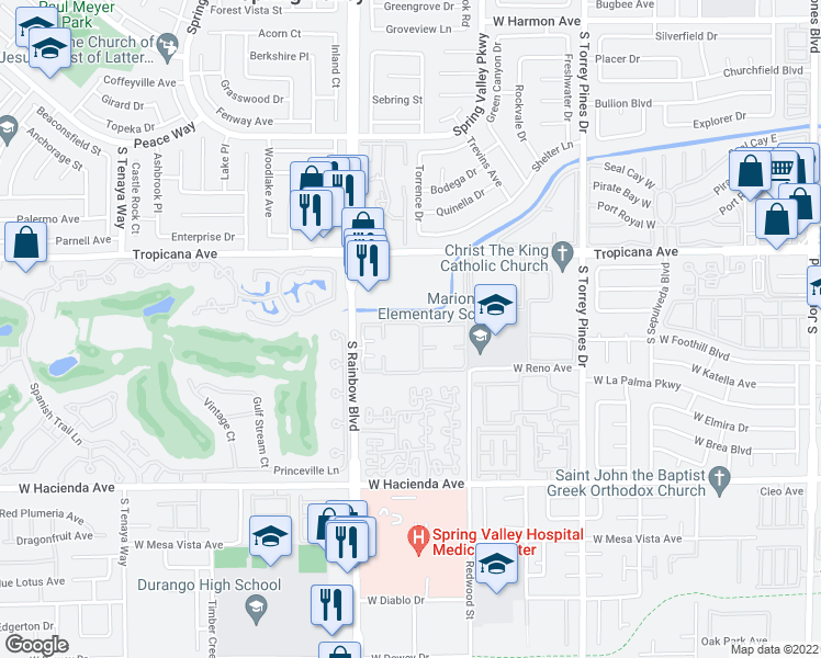 map of restaurants, bars, coffee shops, grocery stores, and more near 5018 South Rainbow Boulevard in Las Vegas