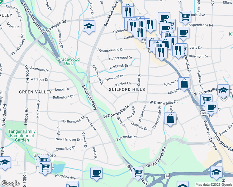map of restaurants, bars, coffee shops, grocery stores, and more near 1202 Gracewood Drive in Greensboro