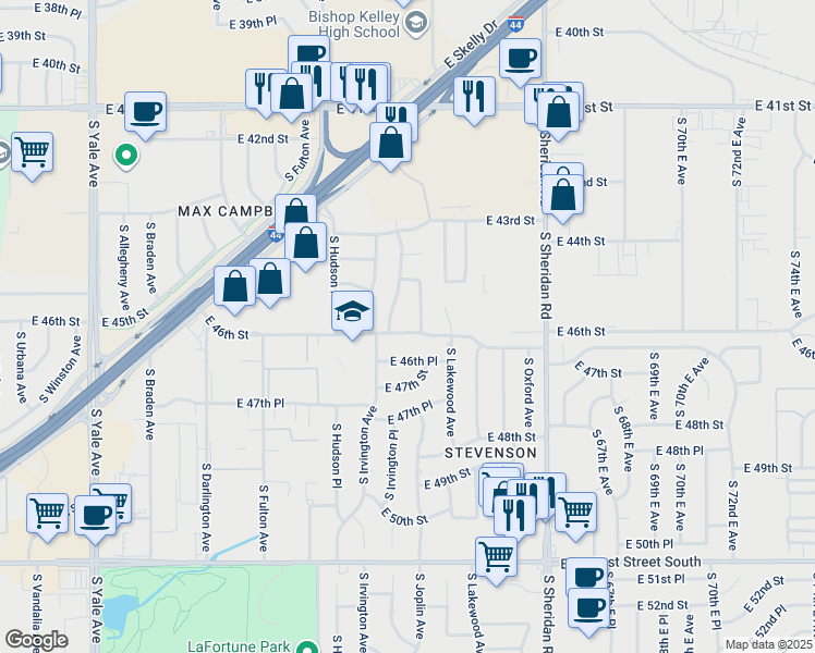 map of restaurants, bars, coffee shops, grocery stores, and more near 5917 E 46th St in Tulsa