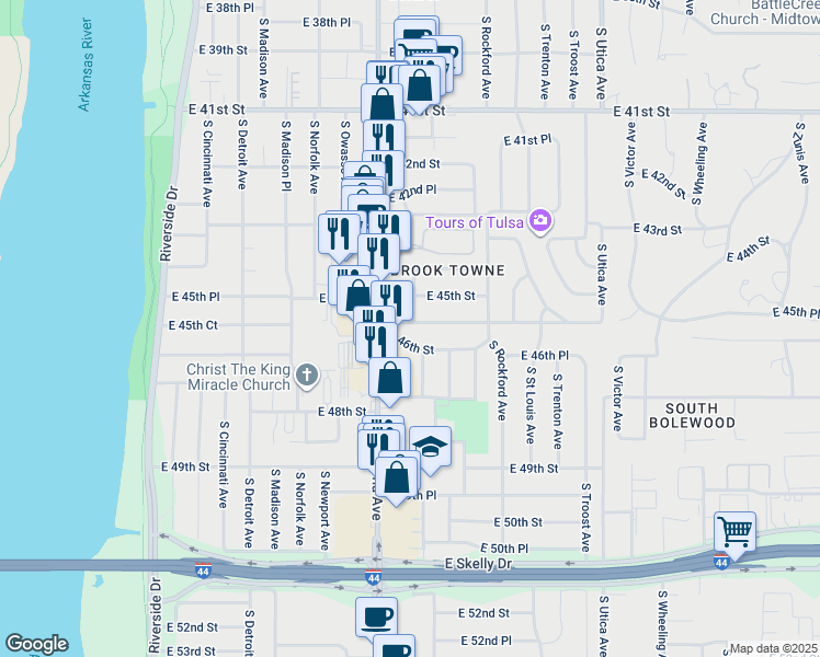 map of restaurants, bars, coffee shops, grocery stores, and more near 1328 East 45th Place in Tulsa