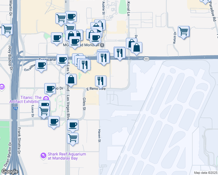 map of restaurants, bars, coffee shops, grocery stores, and more near 5051 East Reno Avenue in Las Vegas