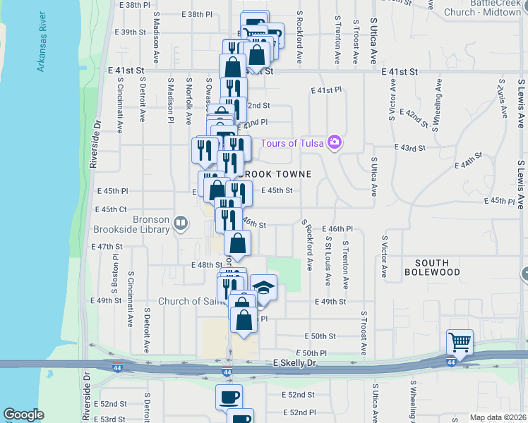 map of restaurants, bars, coffee shops, grocery stores, and more near 1362 East 45th Place in Tulsa